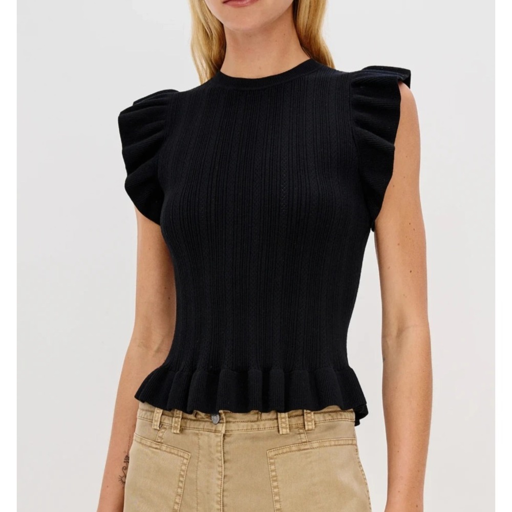 Rails Women's Marci Pointelle‎ Flutter Sleeve Sweater Top Shirt Size S Black